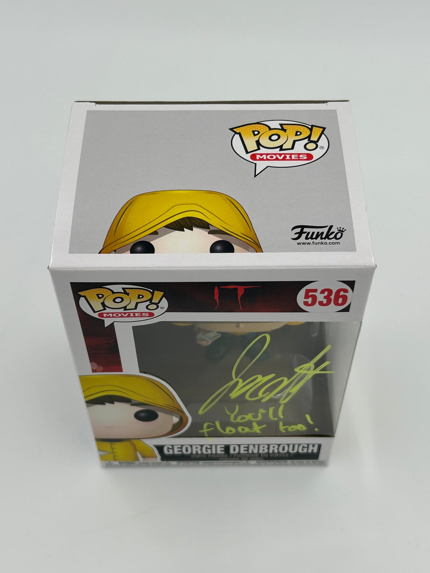 Jackson Robert Scott Signed and Inscribed "You'll Float Too!" Georgie Denbrough "IT" #536 Funko Pop! Vinyl Figure (JSA)