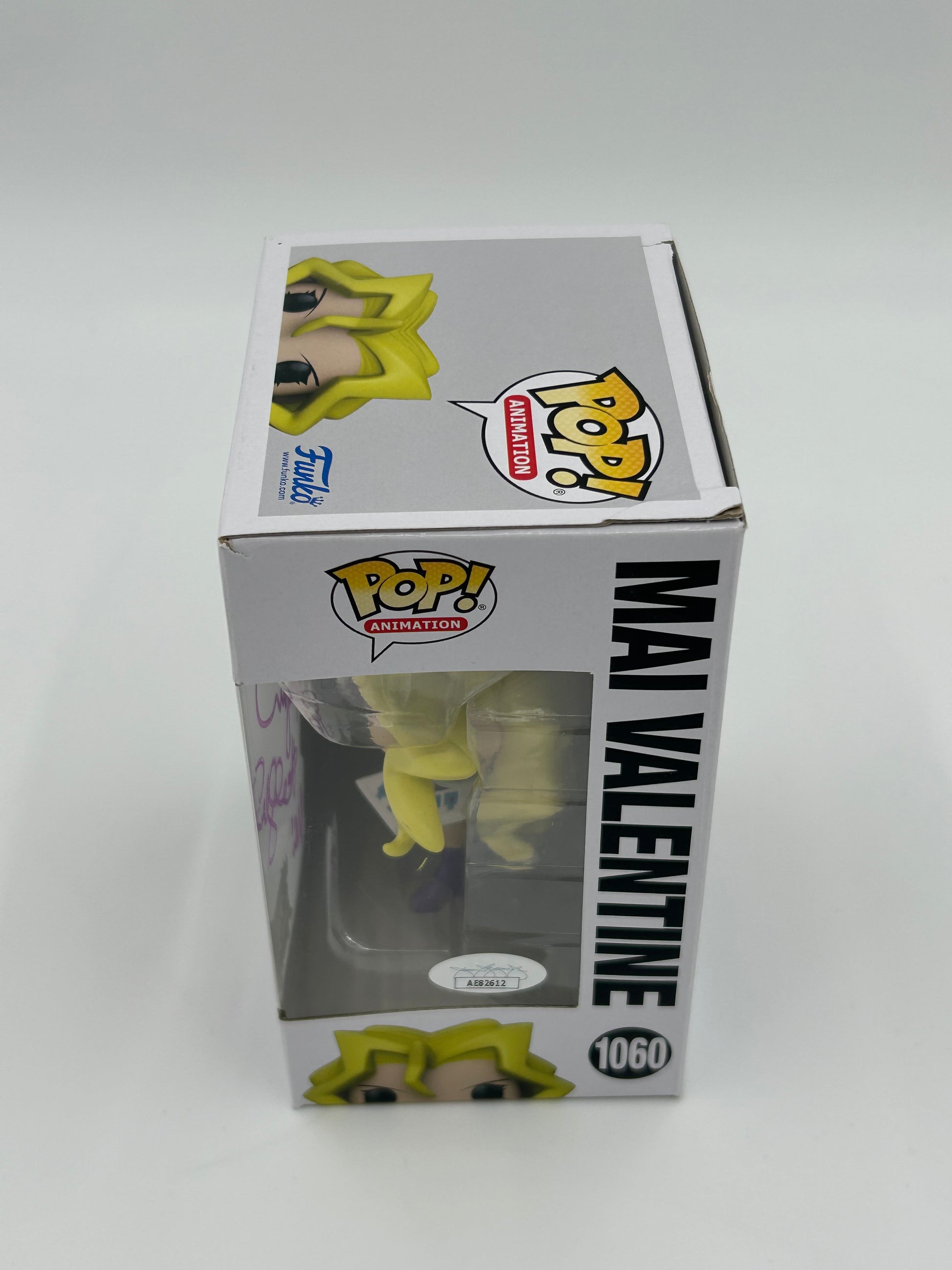 Photo of Megan Hollingshead Signed and Inscribed "Mai" Mai Valentine "Yu-Gi-Oh!" #1060 Funko Pop! Vinyl Figure (JSA) (See Description) at InkedAuction.com.