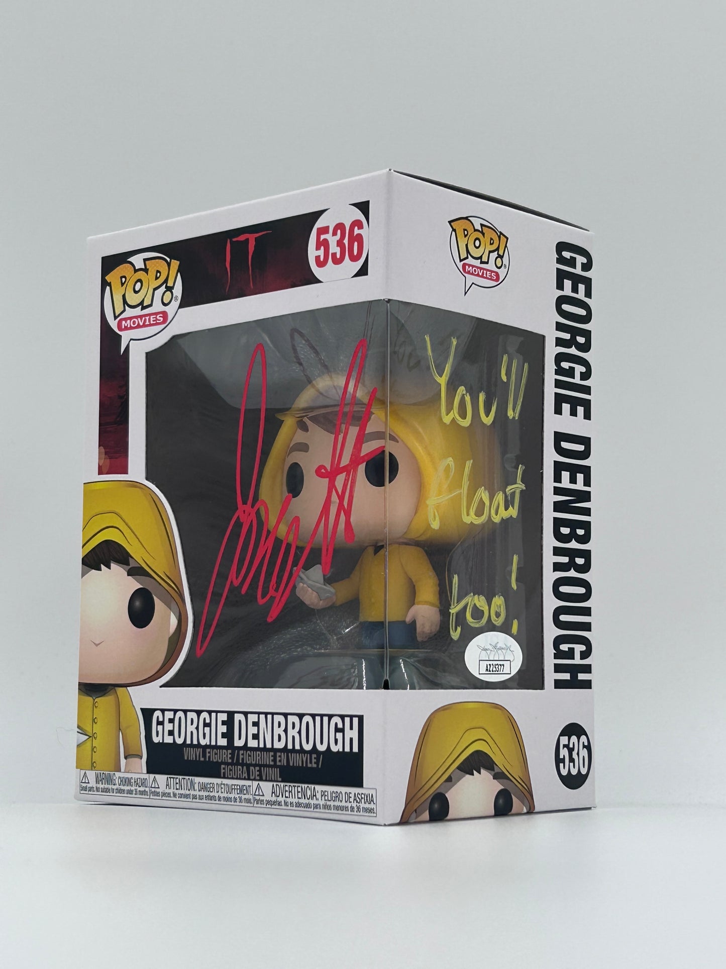 Jackson Robert Scott Signed and Inscribed "You'll Float Too!" Georgie Denbrough "IT" #536 Funko Pop! Vinyl Figure (JSA)