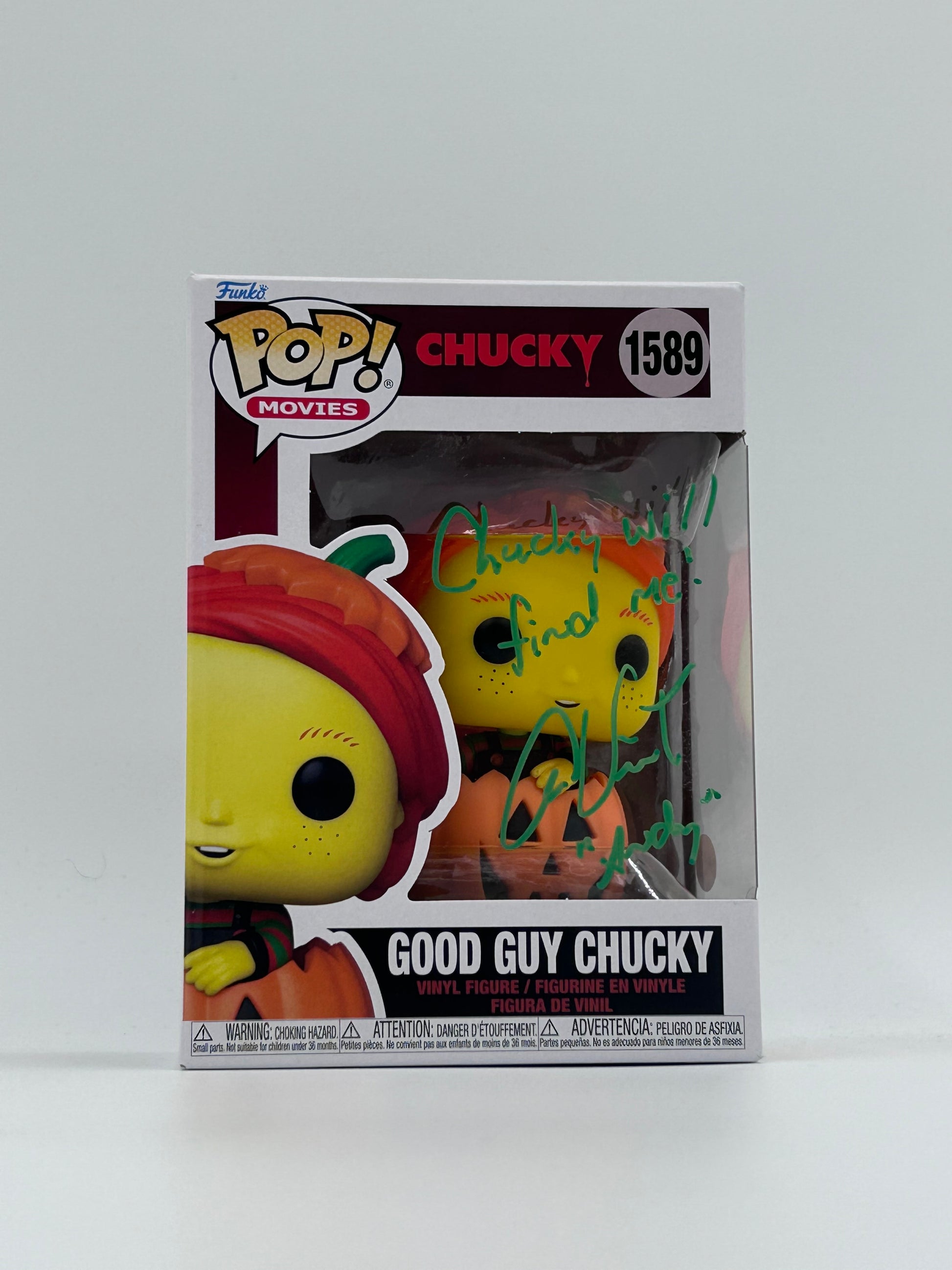 Photo of Alex Vincent Signed And Inscribed "Chucky Will Find Me!" Good Guy Chucky "CHUCKY" #1589 Funko Pop! Vinyl Figure (JSA) at InkedAuction.com.