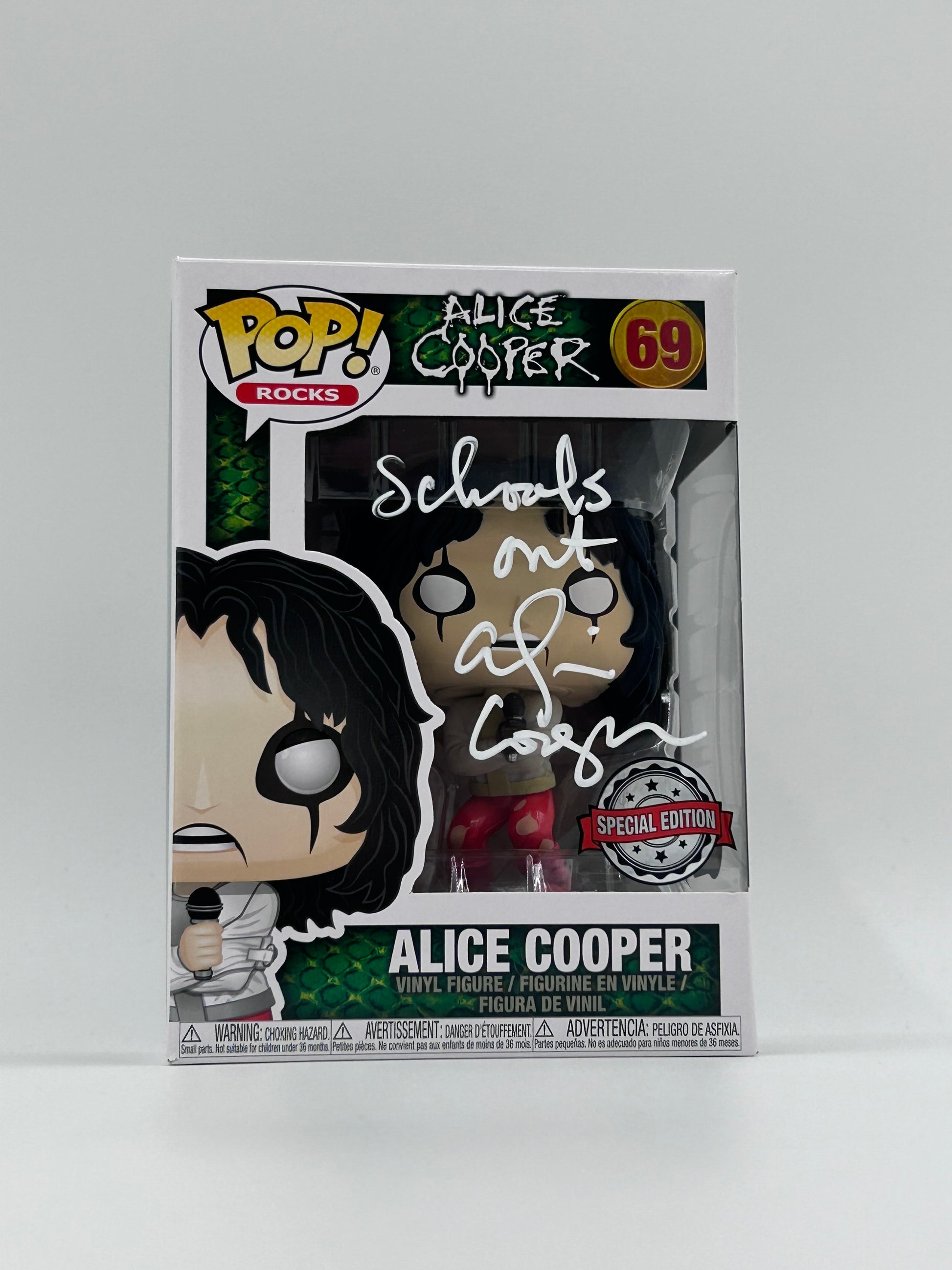 Photo of Alice Cooper Signed and Inscribed "Schools Out" Alice Cooper #69 Funko Pop! Vinyl Figure (Beckett Witnessed) at InkedAuction.com.