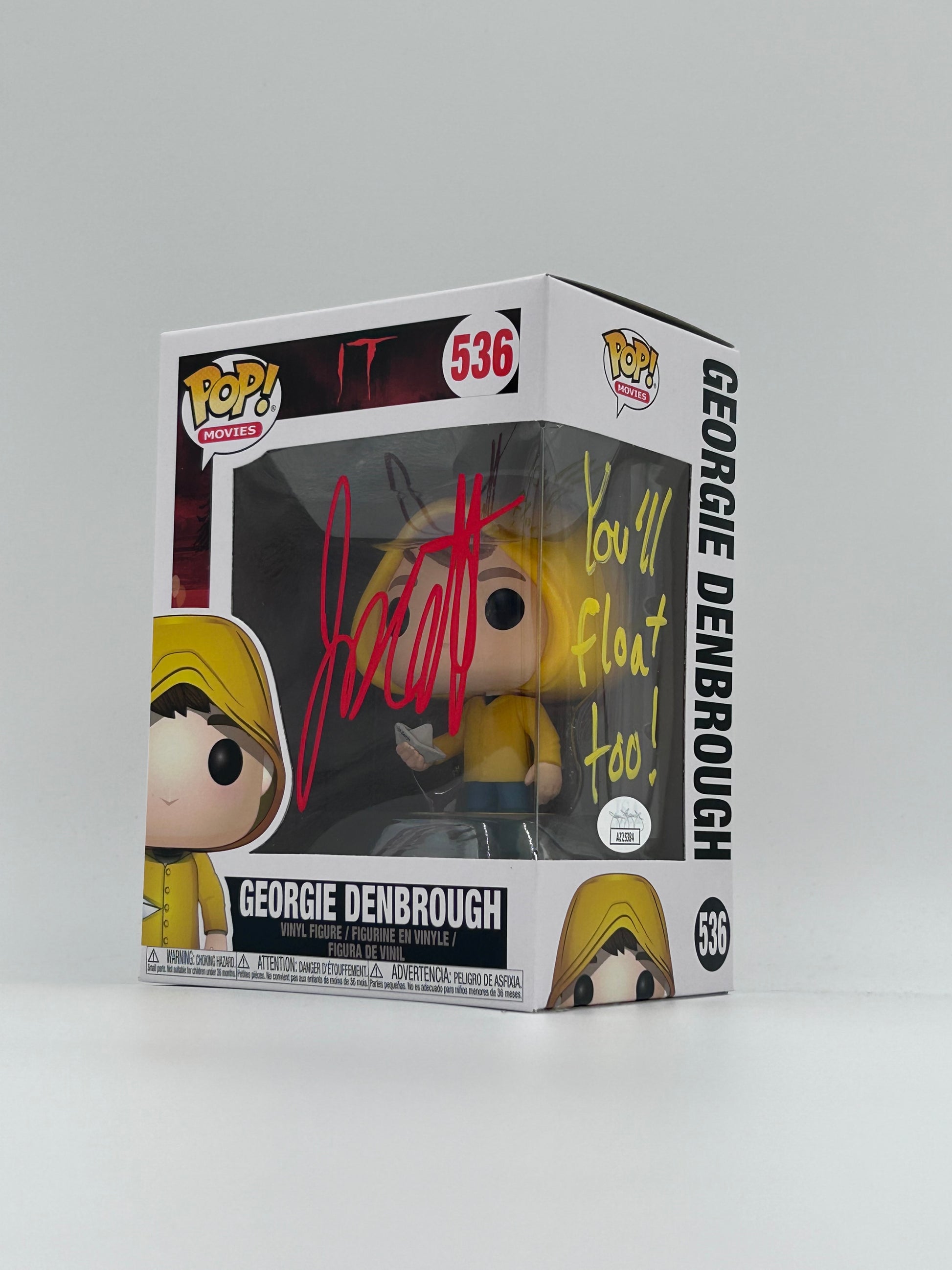 Photo of Jackson Robert Scott Signed and Inscribed "You'll Float Too!" Georgie Denbrough "IT" #536 Funko Pop! Vinyl Figure (JSA) at InkedAuction.com.