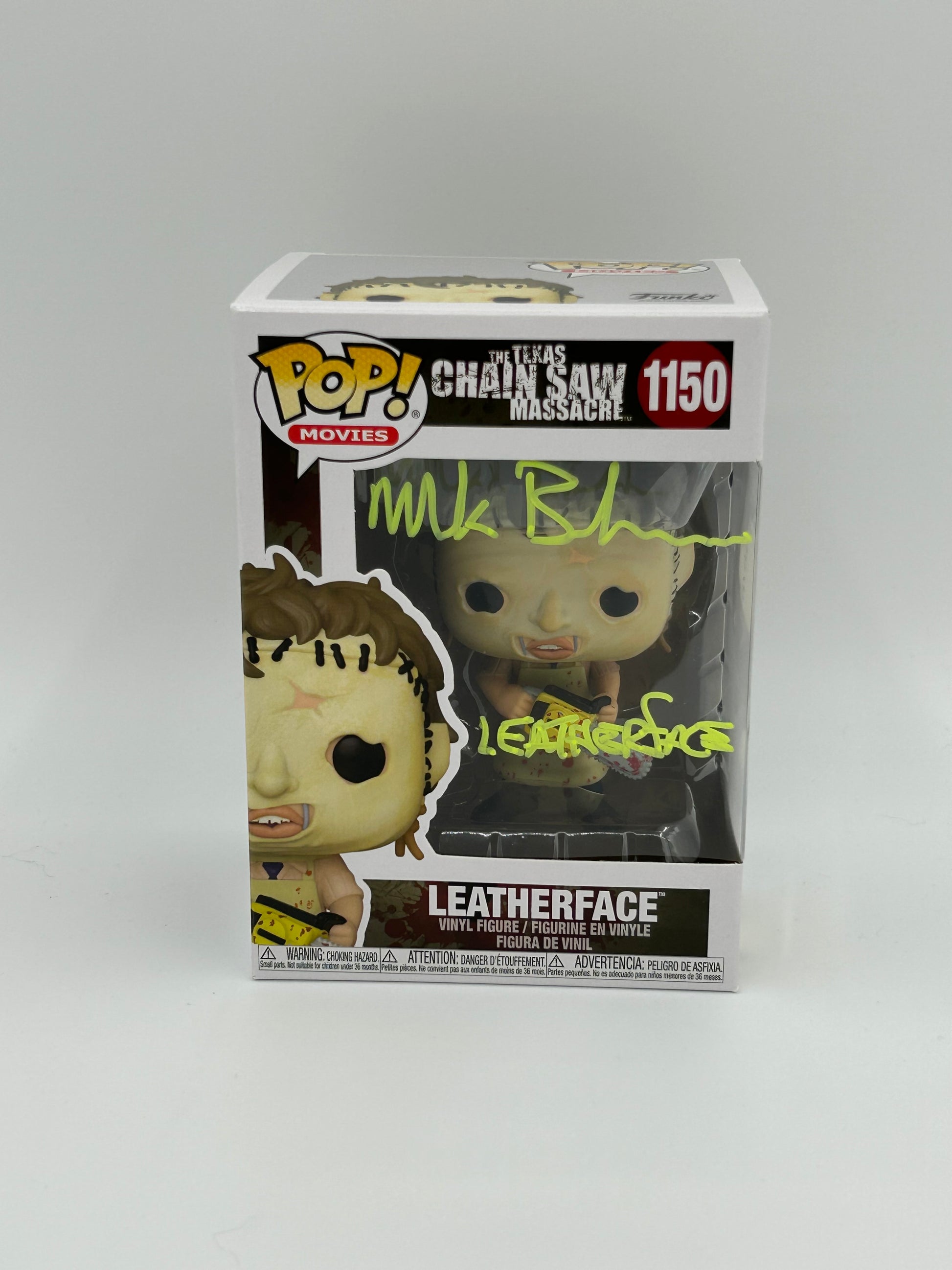 Photo of Mark Burnham Signed and Inscribed Leatherface "The Texas Chainsaw Massacre" #1150 Funko Pop! Vinyl Figure (JSA) at InkedAuction.com.