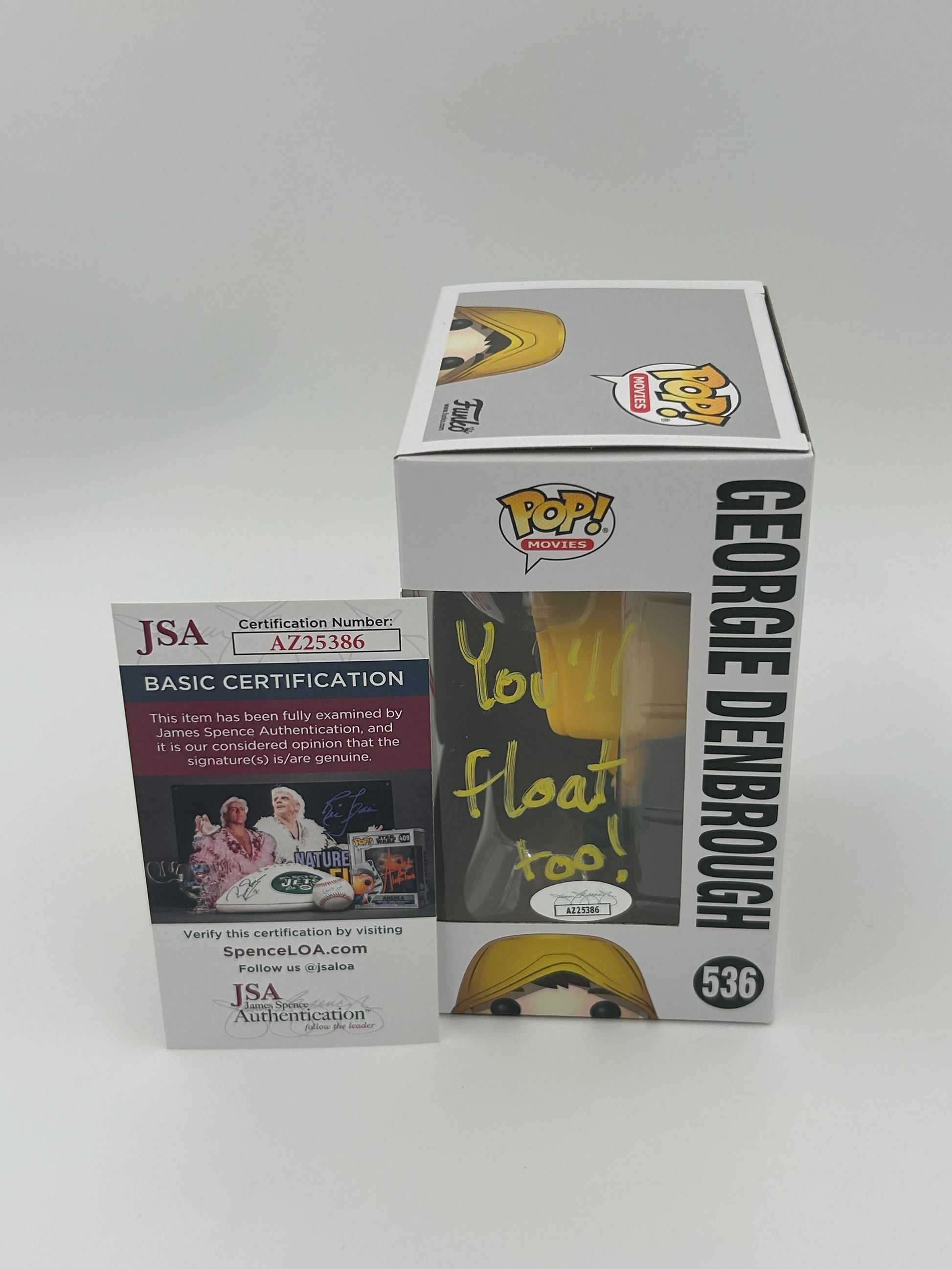 Photo of Jackson Robert Scott Signed and Inscribed "You'll Float Too!" Georgie Denbrough "IT" #536 Funko Pop! Vinyl Figure (JSA) at InkedAuction.com.