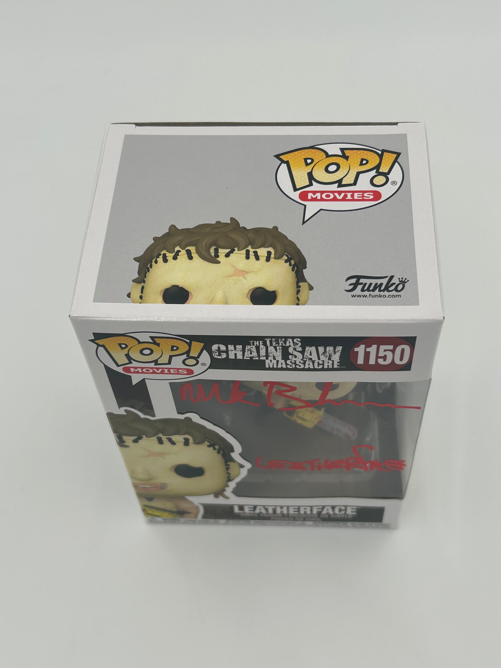 Photo of Mark Burnham Signed and Inscribed Leatherface "The Texas Chainsaw Massacre" #1150 Funko Pop! Vinyl Figure (JSA) at InkedAuction.com.