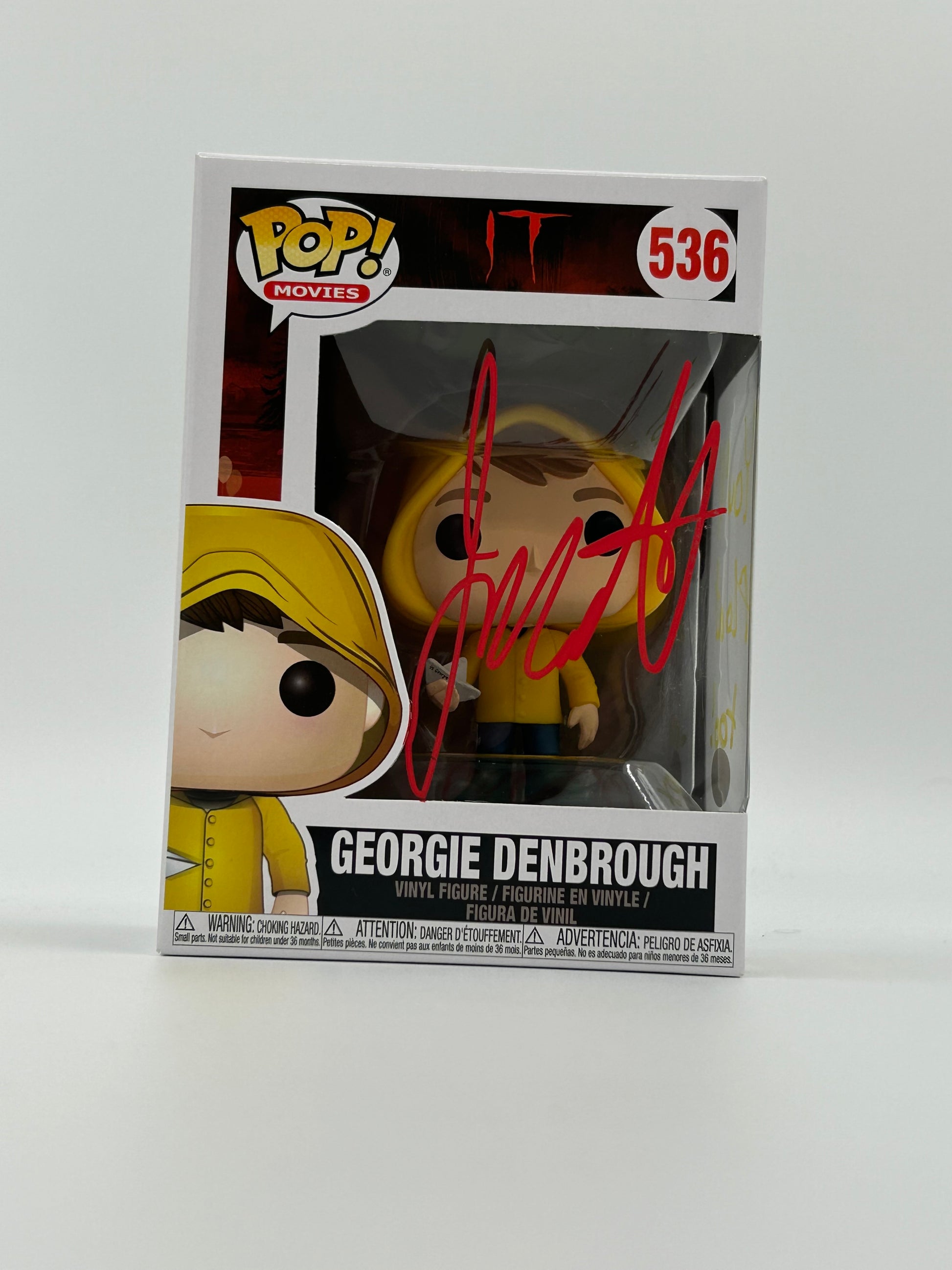 Photo of Jackson Robert Scott Signed and Inscribed "You'll Float Too!" Georgie Denbrough "IT" #536 Funko Pop! Vinyl Figure (JSA) at InkedAuction.com.