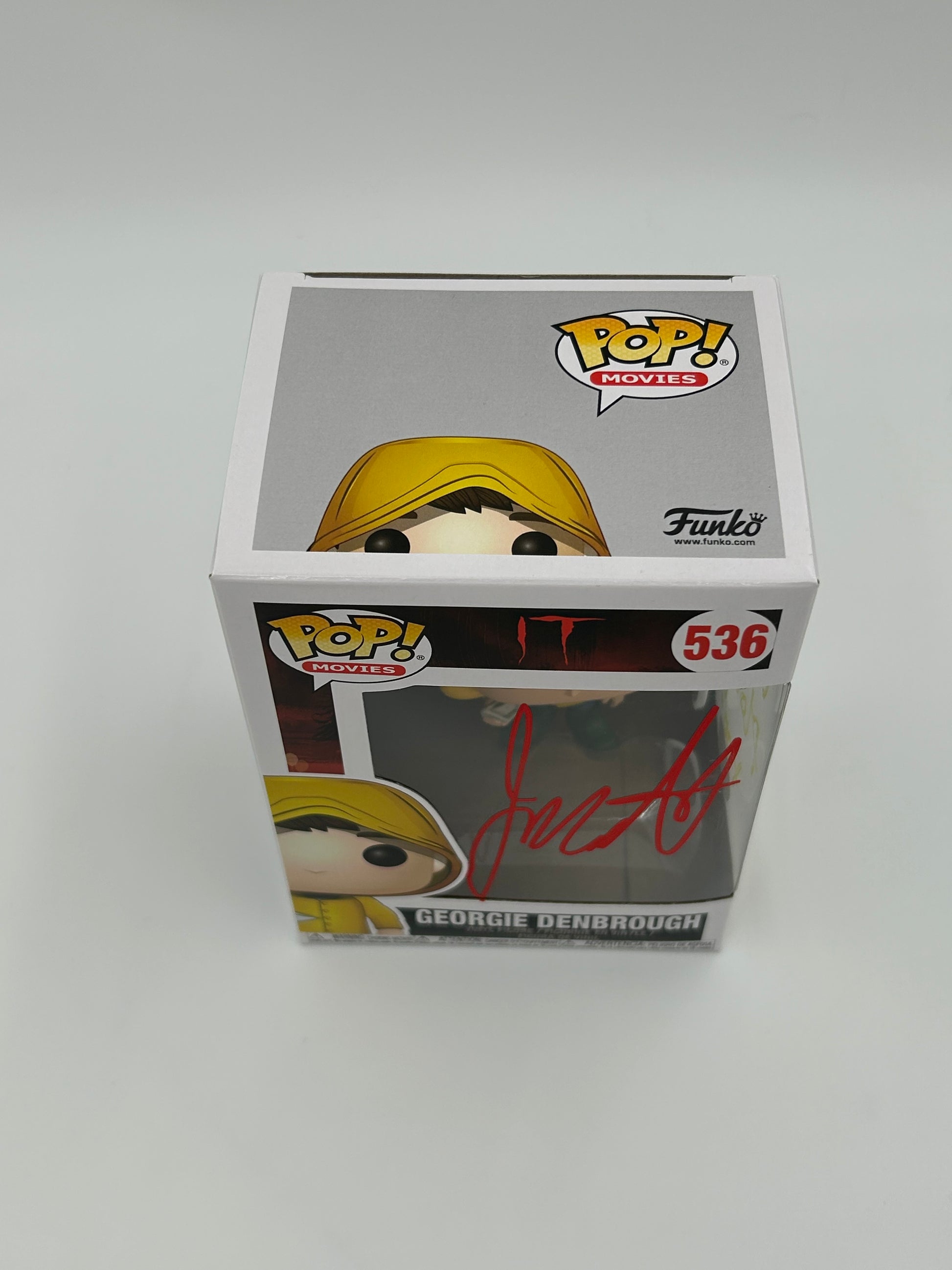 Photo of Jackson Robert Scott Signed and Inscribed "You'll Float Too!" Georgie Denbrough "IT" #536 Funko Pop! Vinyl Figure (JSA) at InkedAuction.com.