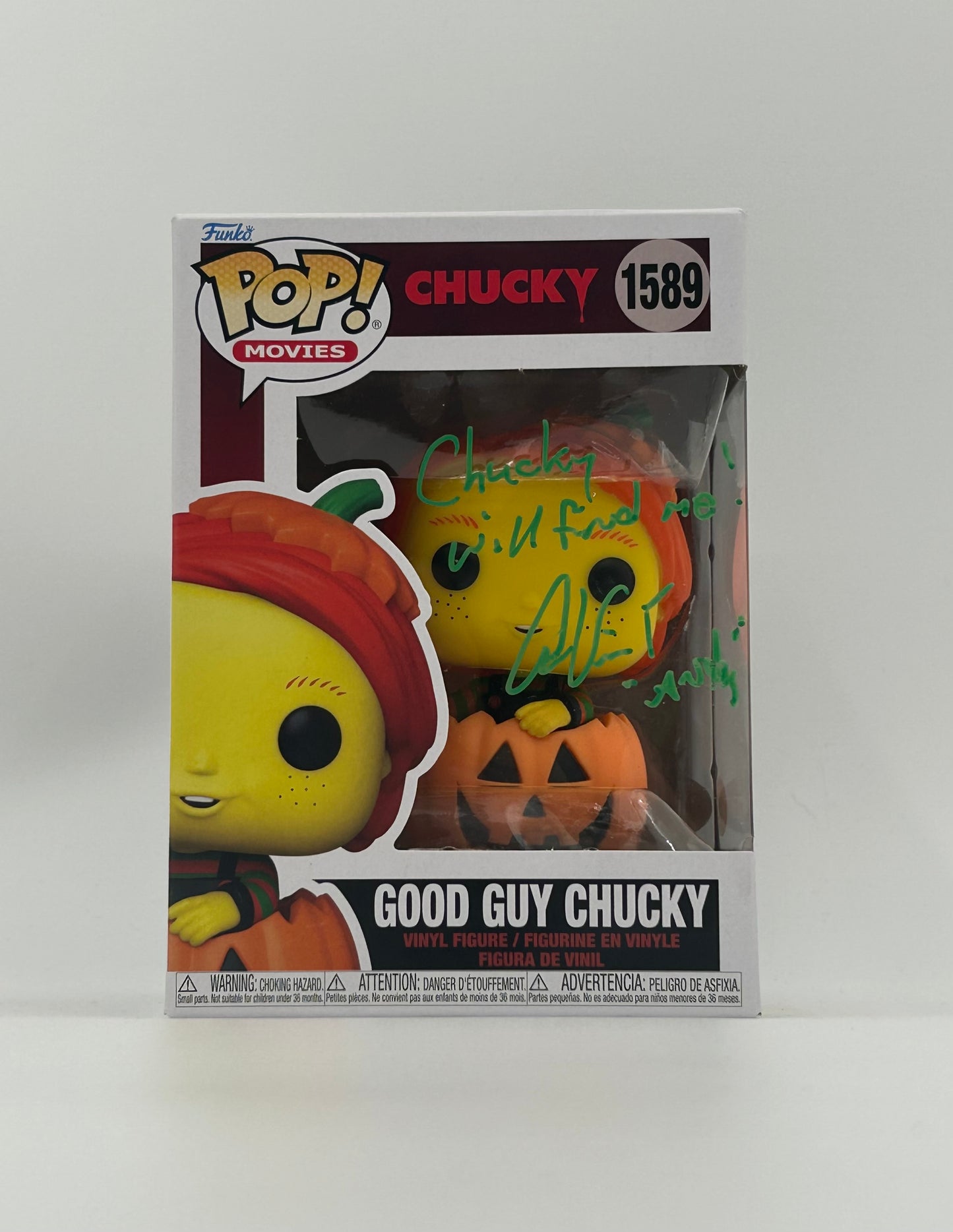 Alex Vincent Signed And Inscribed "Chucky Will Find Me!" Good Guy Chucky "CHUCKY" #1589 Funko Pop! Vinyl Figure (JSA)