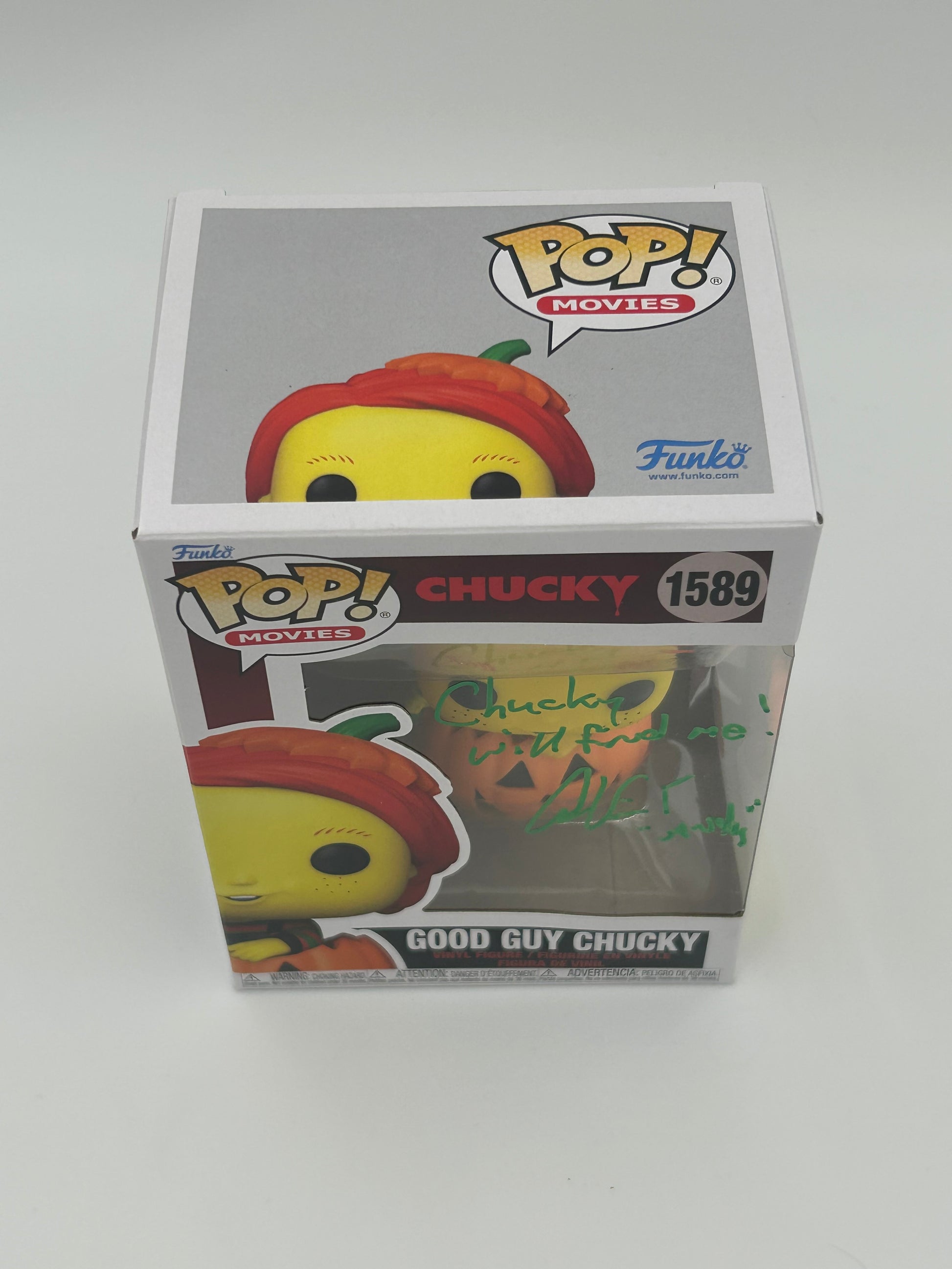 Photo of Alex Vincent Signed And Inscribed "Chucky Will Find Me!" Good Guy Chucky "CHUCKY" #1589 Funko Pop! Vinyl Figure (JSA) at InkedAuction.com.